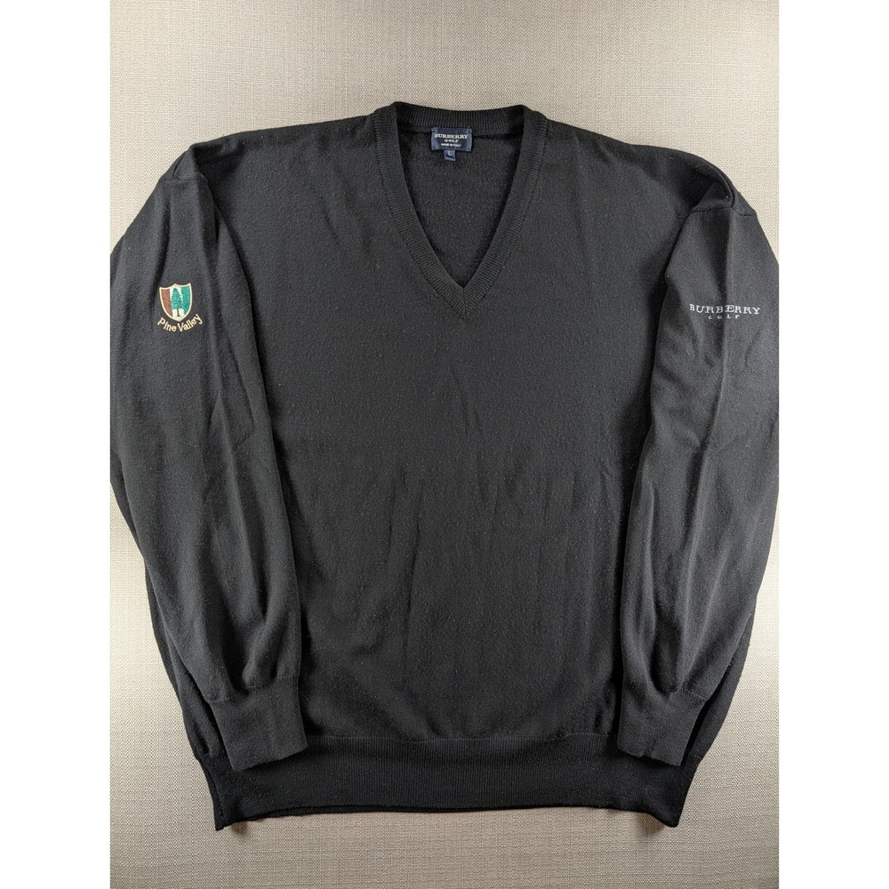Burberry Golf Pine Valley Men Large Black Extra Fine Merino Wool V-Neck Sweater